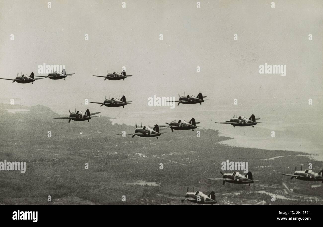 Vintage photo circa 1942 of Brewster Buffalo B-339E fighter aircraft of the RAF flying in formation during the Japanese invasion of Malaya and the fall of Singapore. Stock Photo