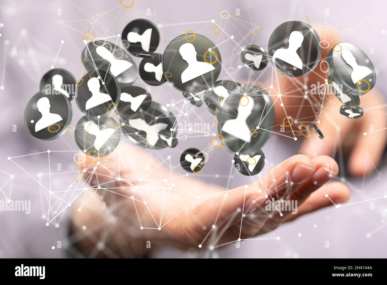 A 3D rendering of a group of floating people icons on a businessman's ...