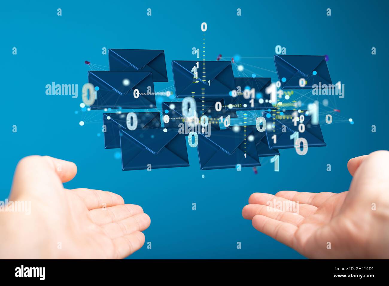 A 3D rendering of email inbox icons floating on a businessman's hand ...