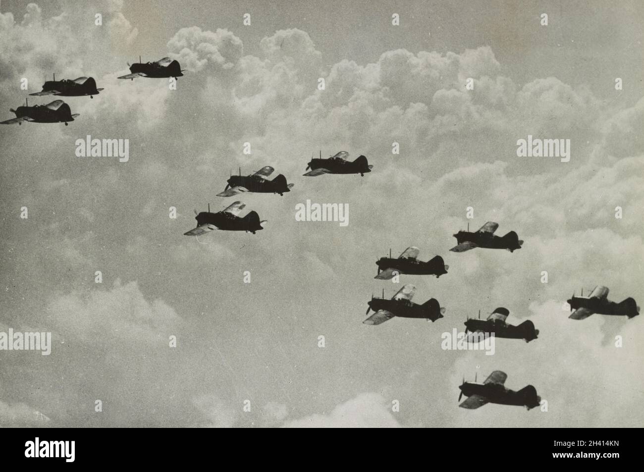 Vintage photo circa 1942 of Brewster Buffalo B-339E fighter aircraft of the RAF flying in formation during the Japanese invasion of Malaya and the fall of Singapore. Stock Photo