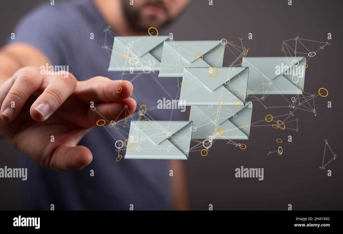 A 3D rendering of a man pointing at floating email icons - Concept of ...