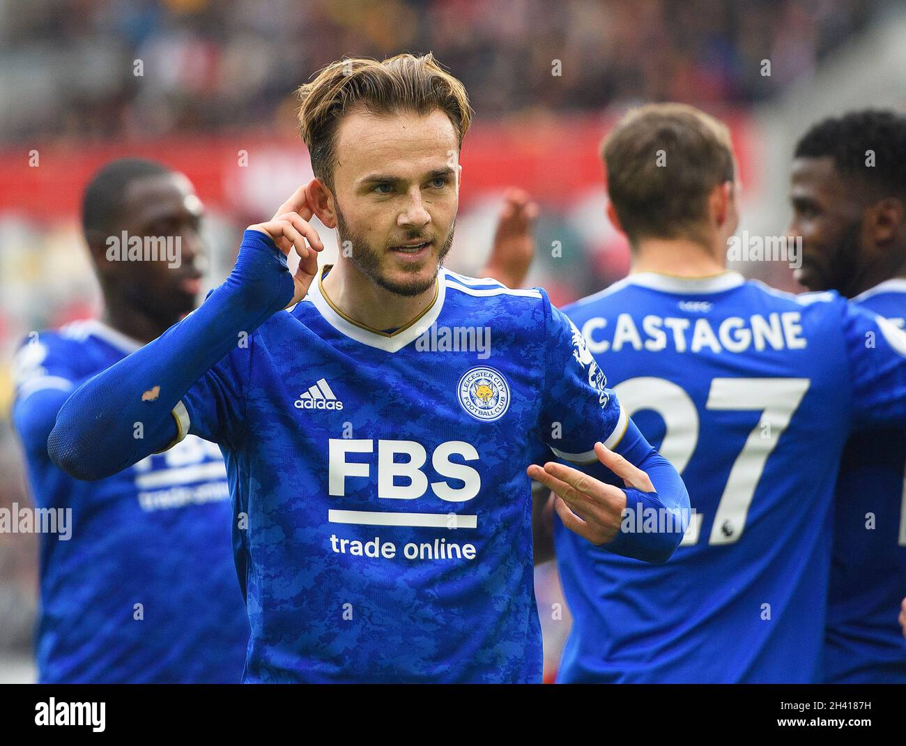 Leicester City's James Maddison celebrates his goal during the match at the Brentford Community Stadium. Picture : Mark Pain / Alamy Stock Photo