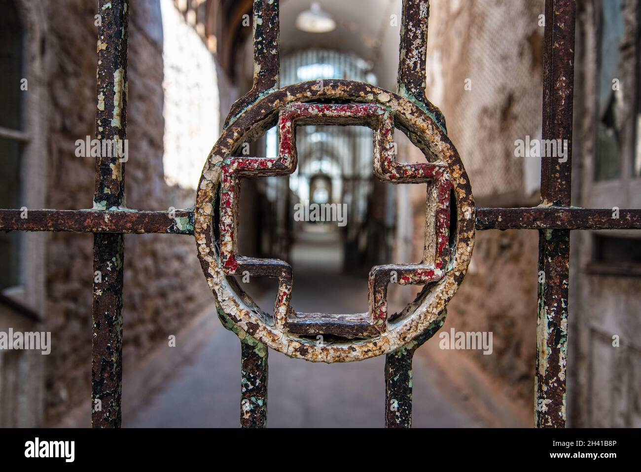 Gate and corridor of the hospital tract in the Eastern State Penitentiary, Philadelphia Stock Photo