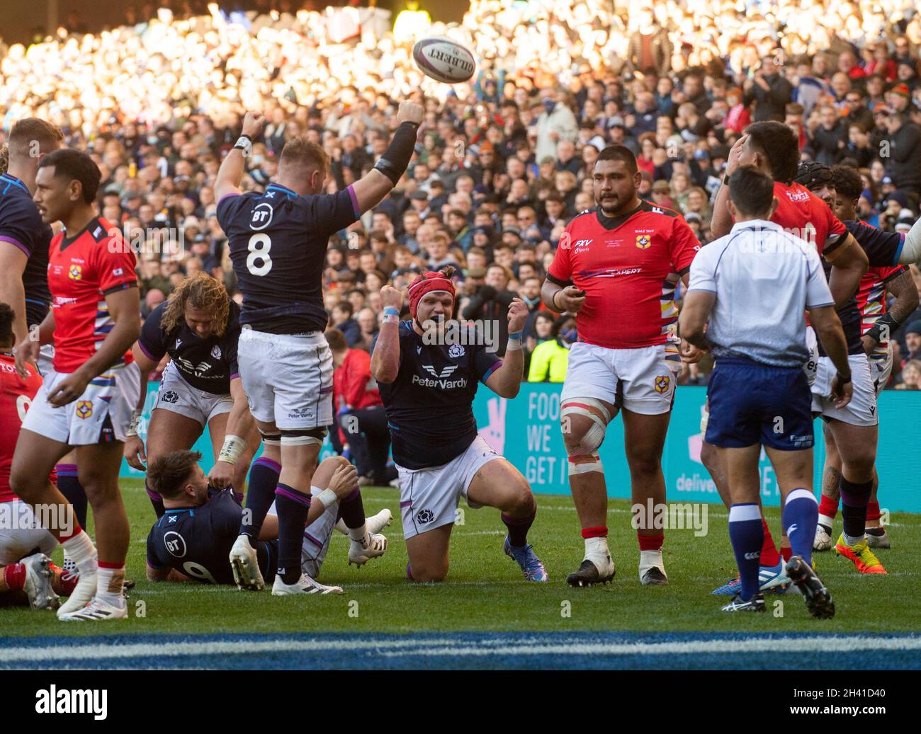 Autumn Nations Series - Scotland v, Tonga. 30th Oct, 2021. Scotland play host to Tonga in the their first match of the 2021 Autumn Nations Series at Murrayfield Stadium, Edinburgh, Scotland. UK. Pic shows: Scotland Hooker, George Turner, celebrates after scoring his try during the 2nd half as Scotland thrash Tonga 60-14. Credit: Ian Jacobs/Alamy Live News Stock Photo