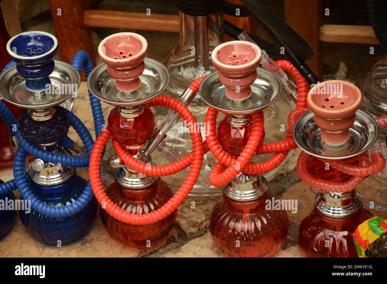 Hookahs on display at the Arabic bazaar, Old City of Akko, Israel