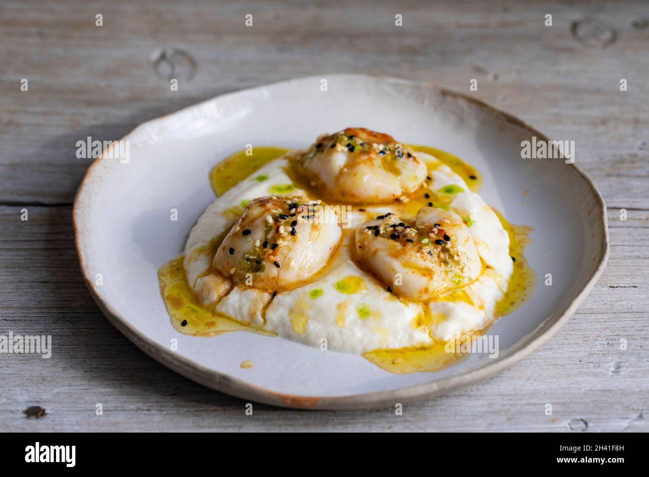 Grilled scallop with miso butter, sesame seeds and parsley oil on cauliflower puree Stock Photo