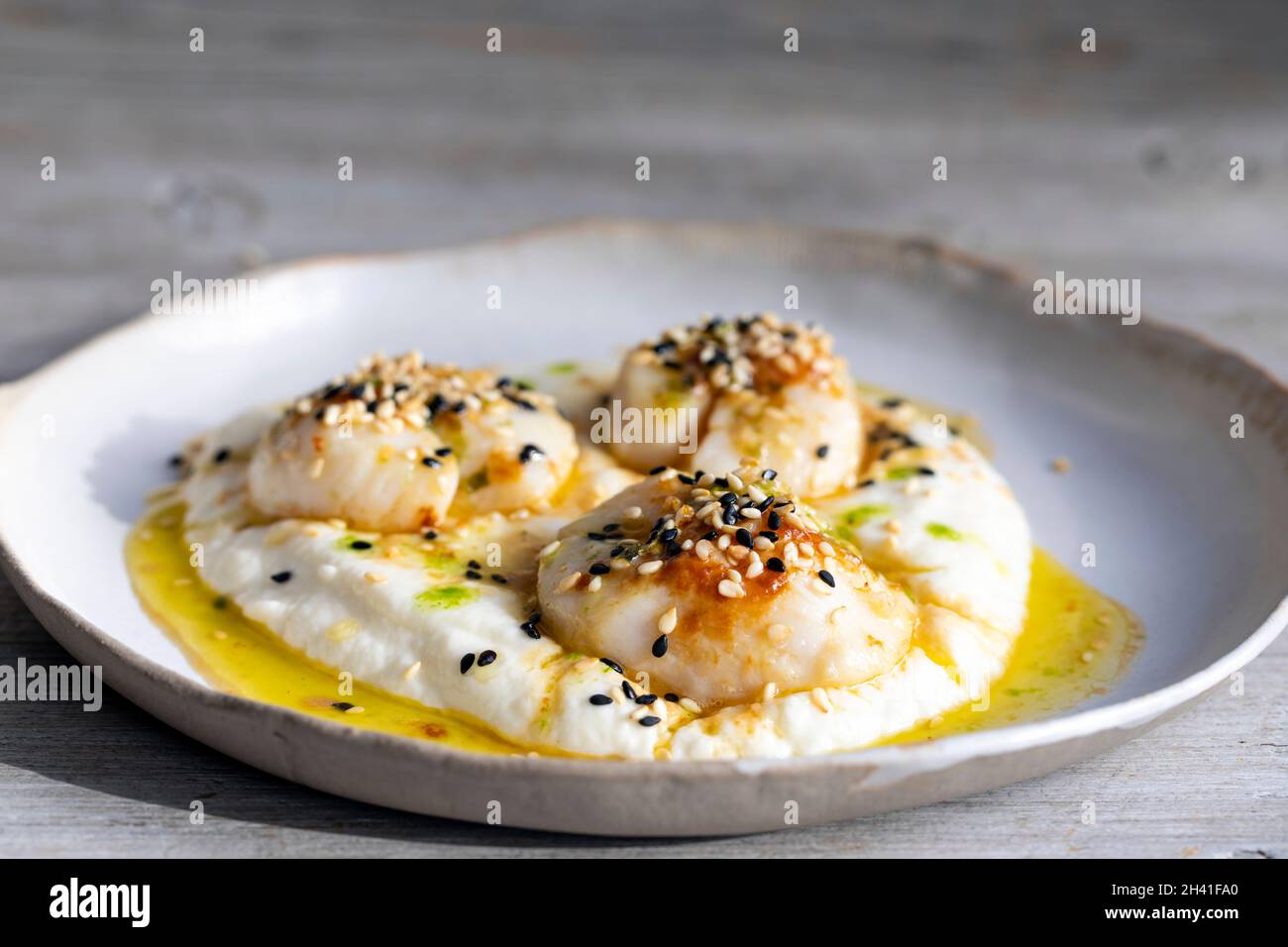 Grilled scallop with miso butter, sesame seeds and parsley oil on cauliflower puree Stock Photo