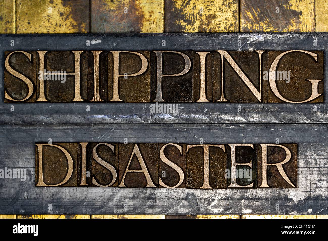 Shipping Disaster text on textured grunge copper and vintage gold background Stock Photo