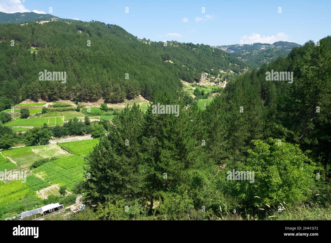 landscape of the Rhodopes mountain range in Greece to north of Xanthi in Southeastern Europe Stock Photo