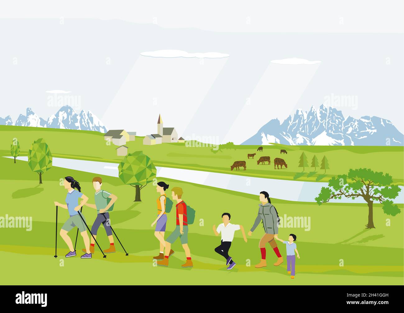 People and families hiking in leisure time illustration Stock Photo