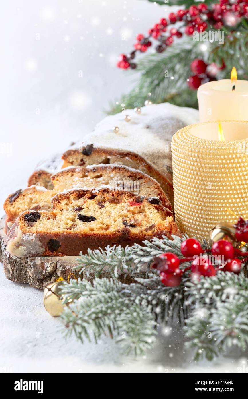 Traditional Christmas stollen. Stock Photo