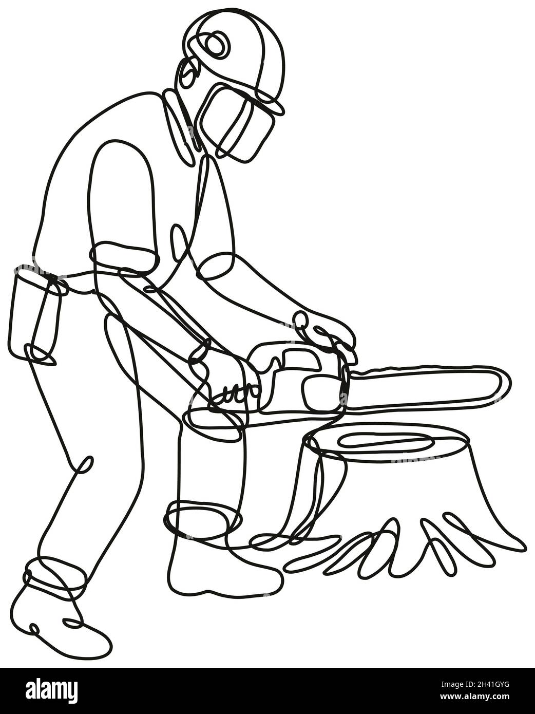 Arborist or Tree Surgeon with Chainsaw Continuous Line Drawing Stock ...