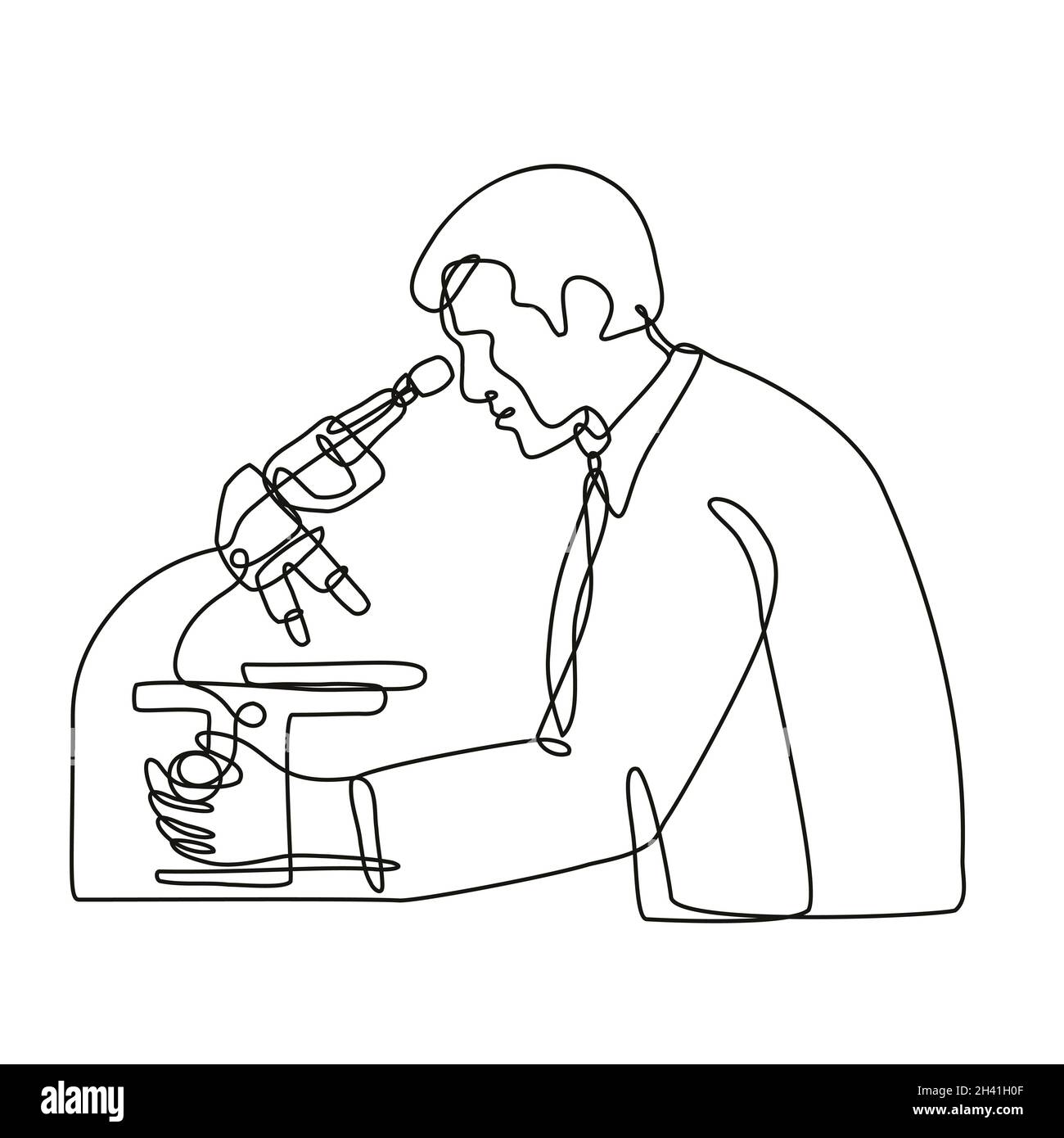 Microbiologist Studying a Virus with a Microscope Continuous Line Drawing Stock Photo