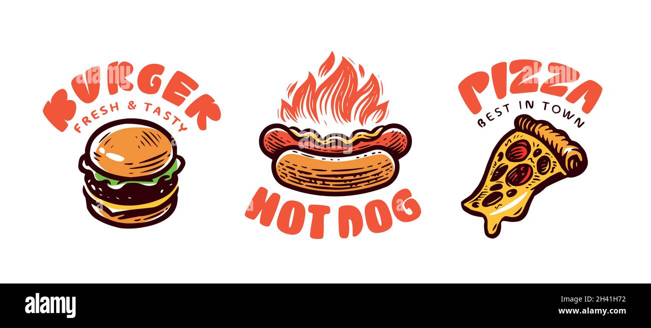 Fast food logos set. Burger, pizza, hot dog emblems for restaurant, cafe menu. Vector
