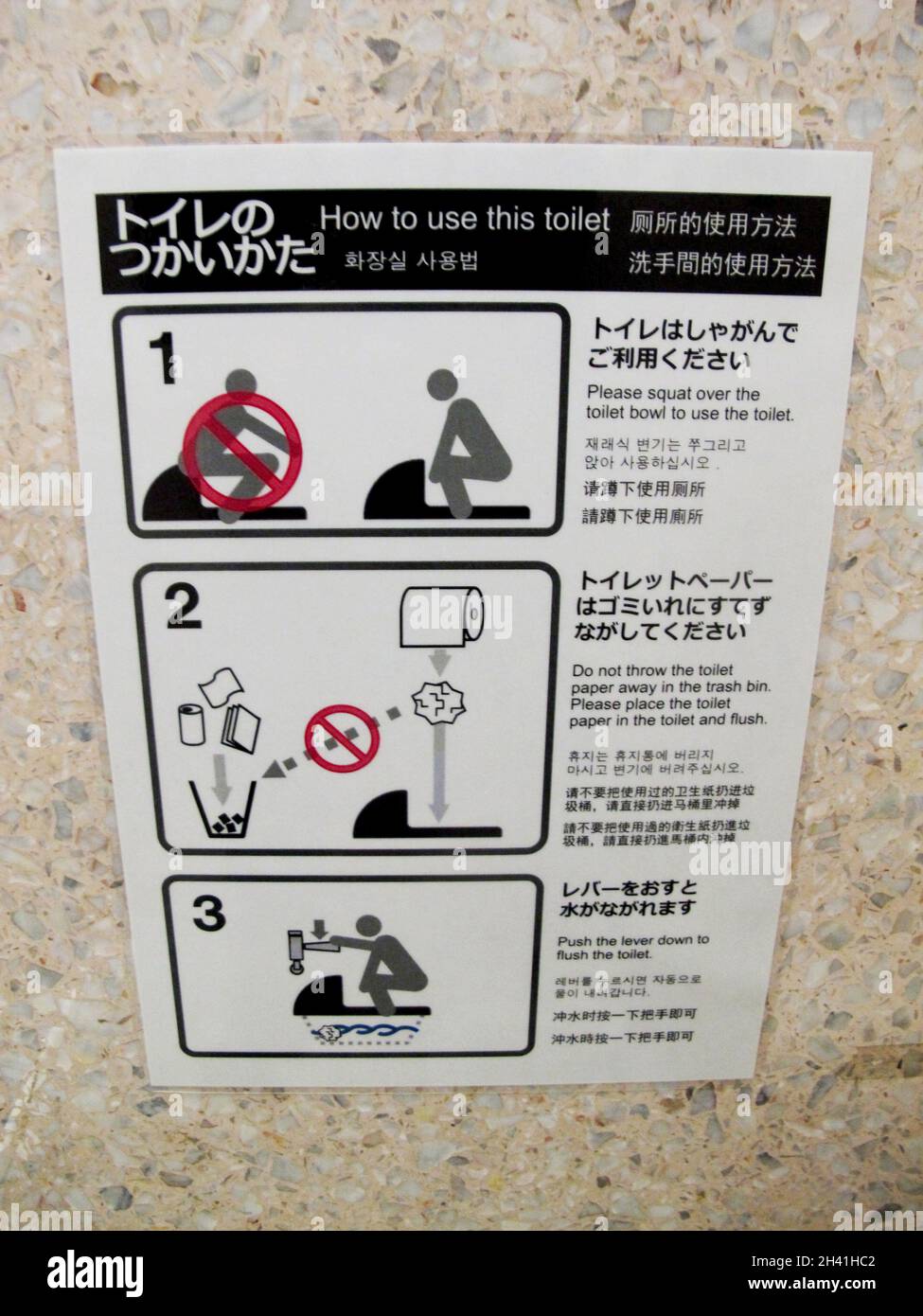 Sticker label stick on wall of show process for how to use toilet for