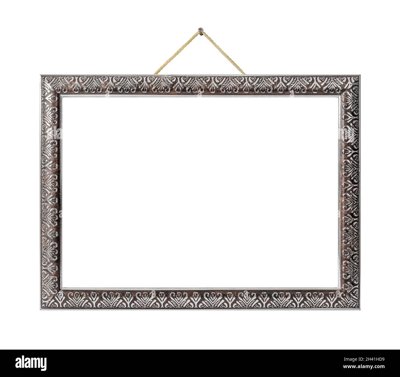 Old silver picture frame hanging on a rope Stock Photo