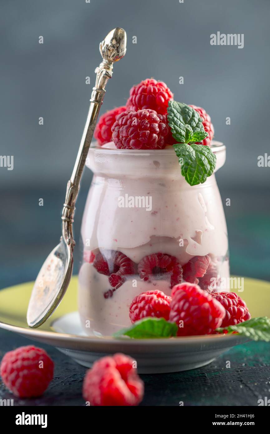 Healthy berry yogurt with fresh raspberries. Stock Photo