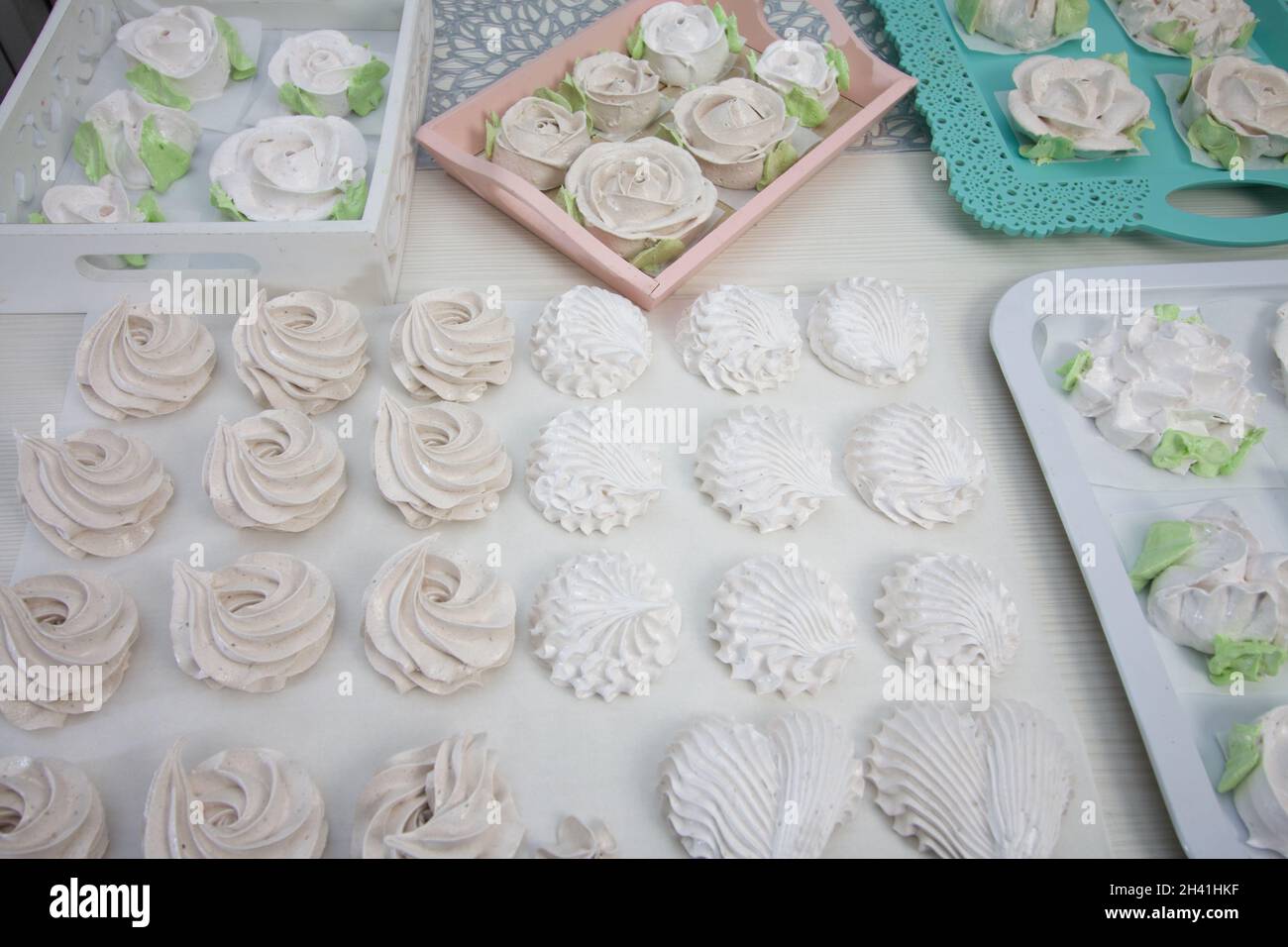 Homemade marshmallow. Zephyr roses. Marshmallow roses. It is spread out ...