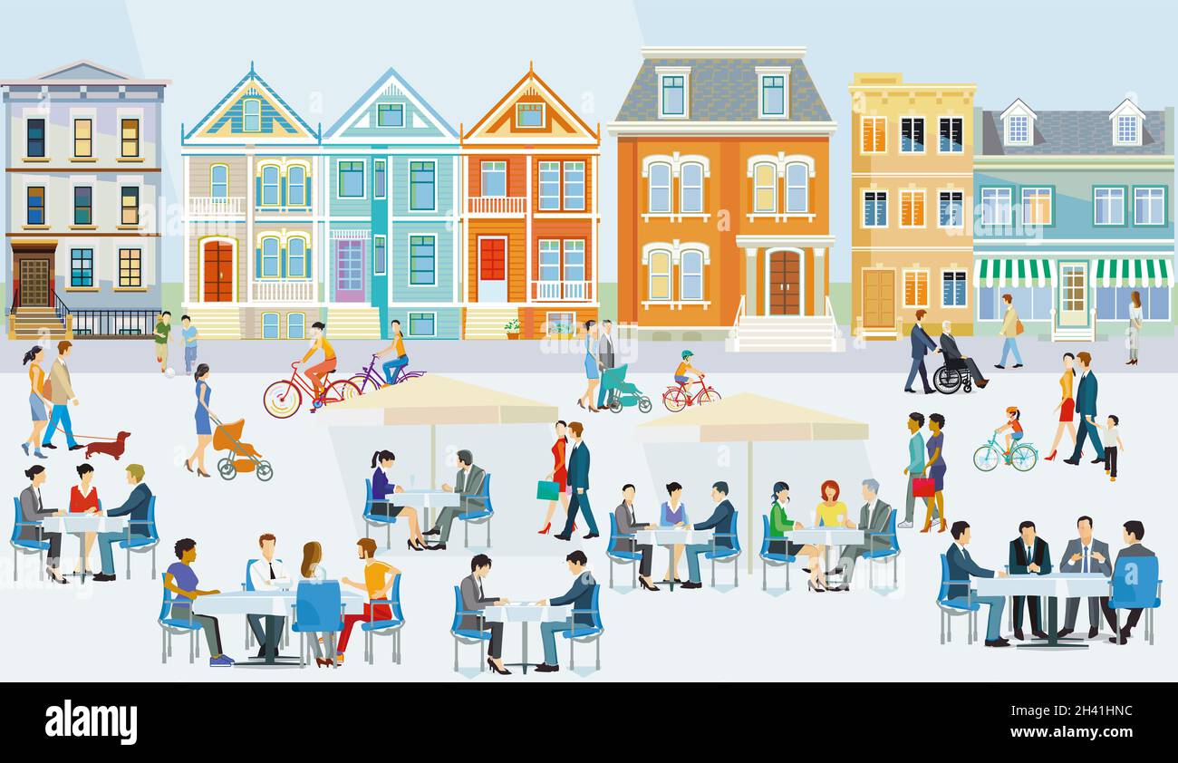 City with pedestrians and families in free time, car-free zone, illustration Stock Photo