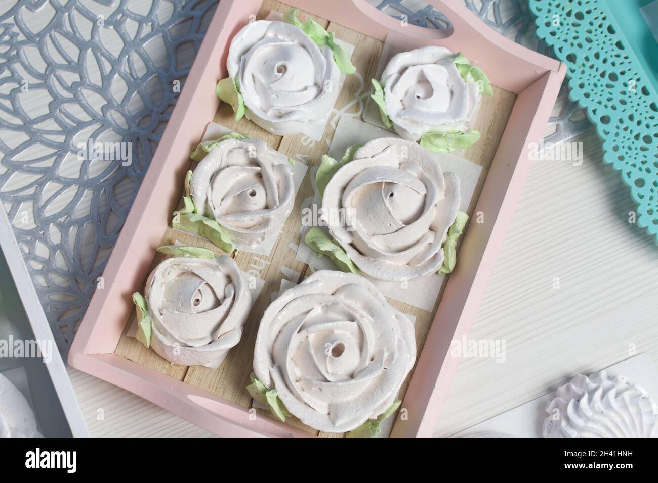 Homemade marshmallow. Zephyr roses. Marshmallow roses. Closeup shot