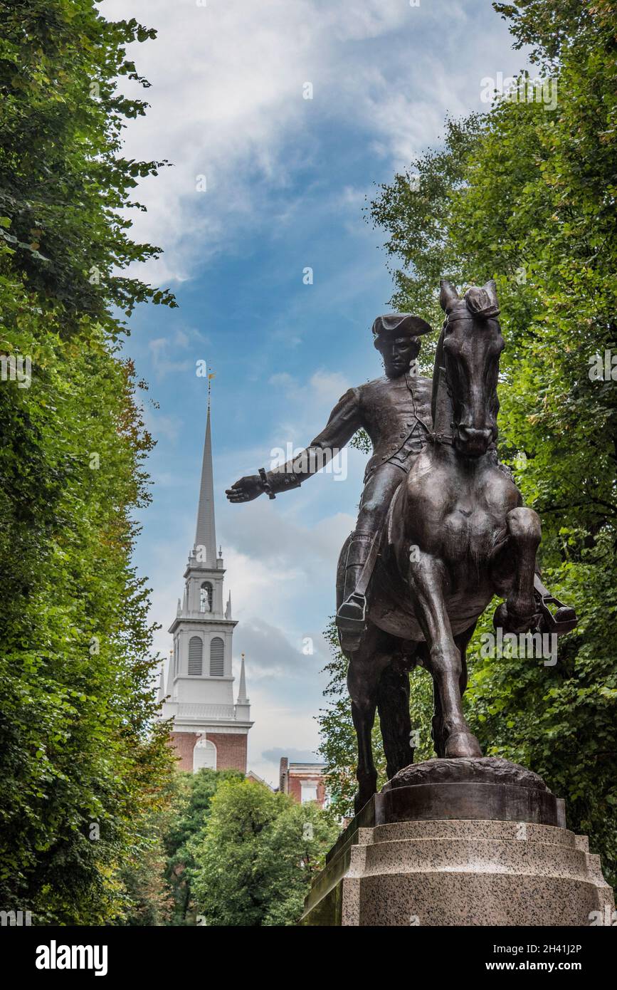 Paul Revere statue and Old North Church in Boston, USA Stock Photo