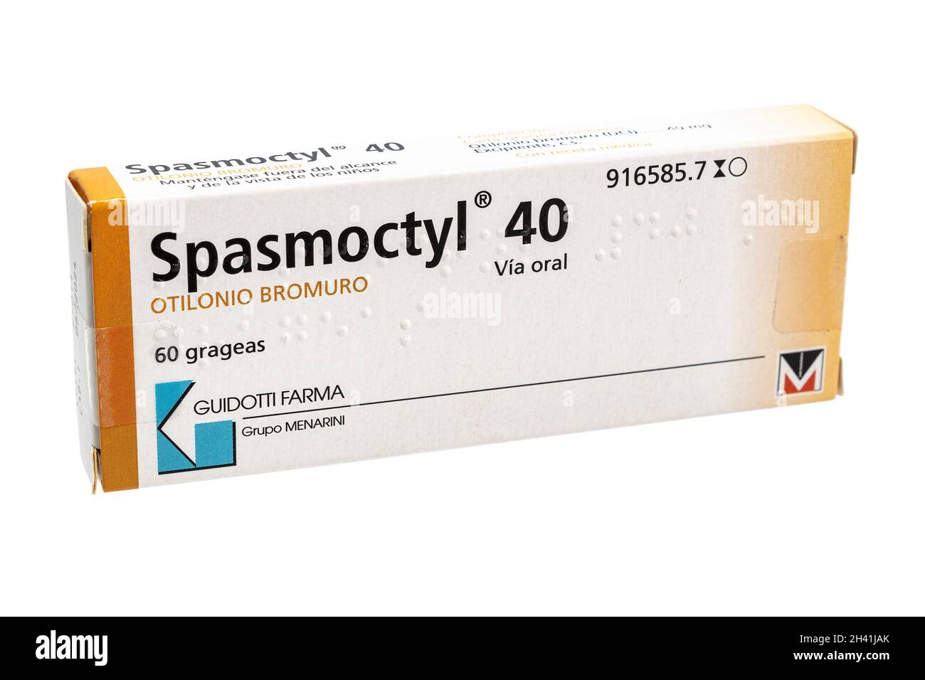 Huelva, Spain - October 29, 2021: Spanish box of SPASMOCTYL 40. Otilonium bromide works by reducing localized spasms in the digestive system at the le Stock Photo