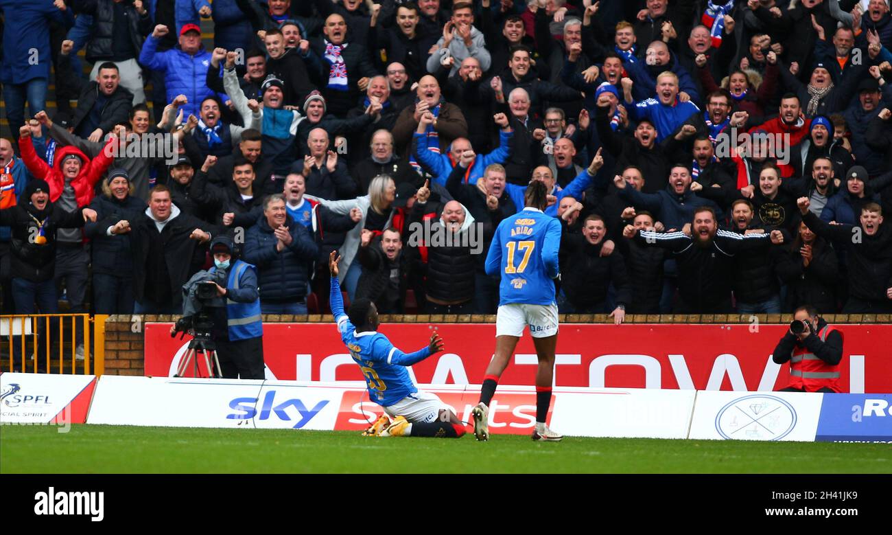 Fir Park, Motherwell, UK. 31st Oct, 2021. Scottish Premier League football, Motherwell versus Rangers; Fashion Sakala of Rangers celebrates in front of the Rangers fans after he makes it 3-1 in the 63rd minute Credit: Action Plus Sports/Alamy Live News Stock Photo