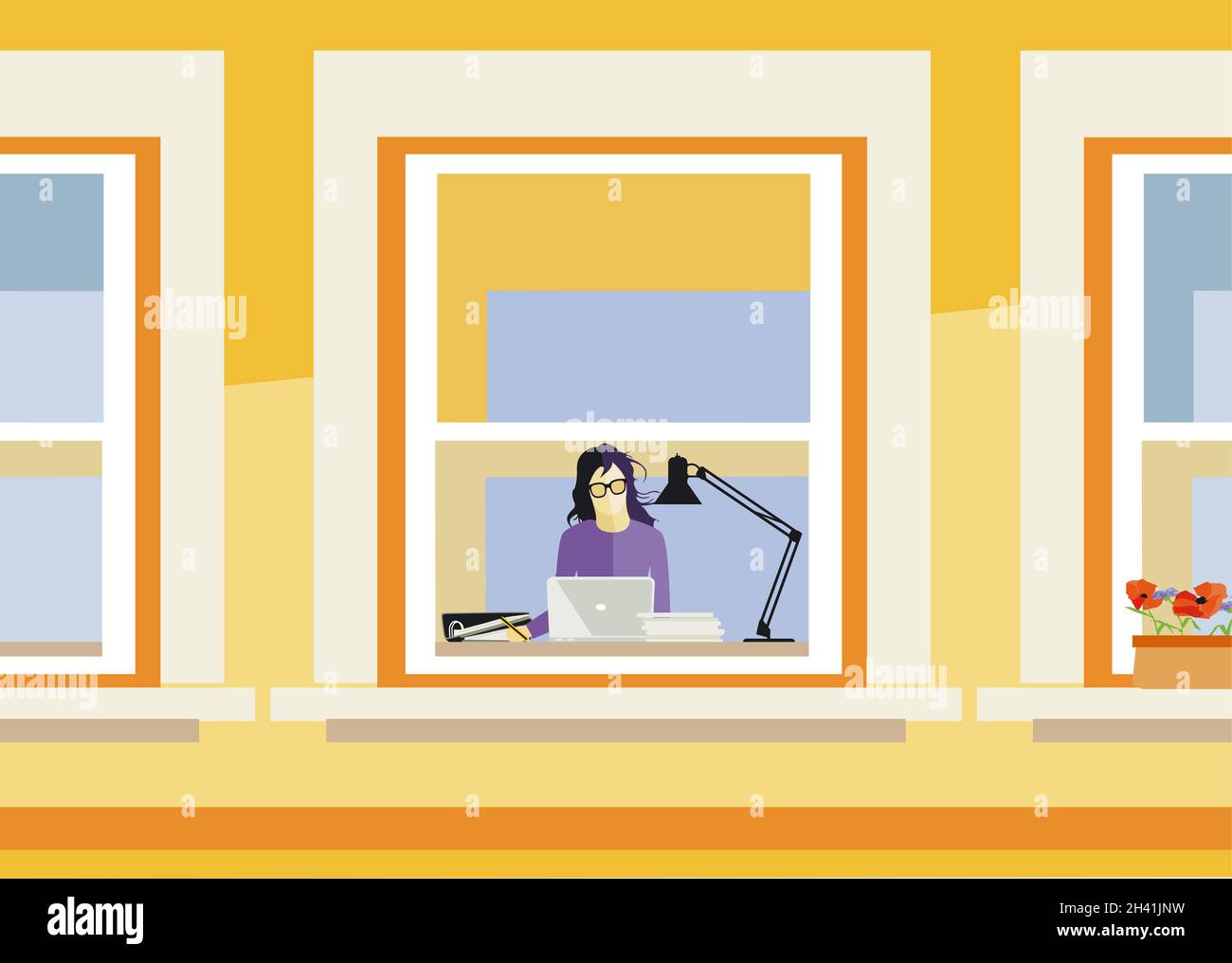 Young woman working at home, illustration Stock Photo