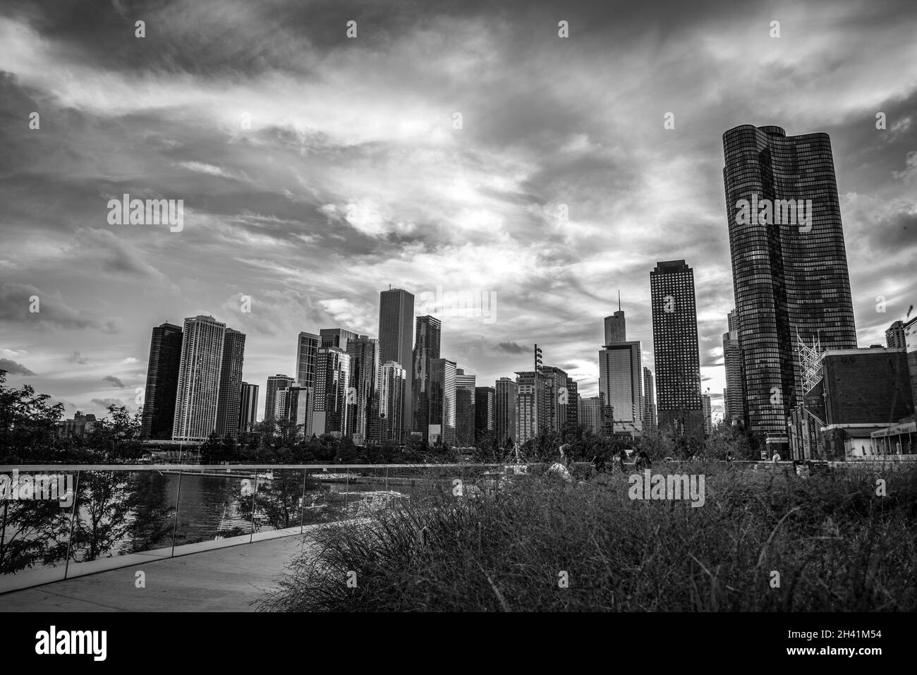 Sunset over the skyline of Chicago, from Navy Pier, USA Stock Photo