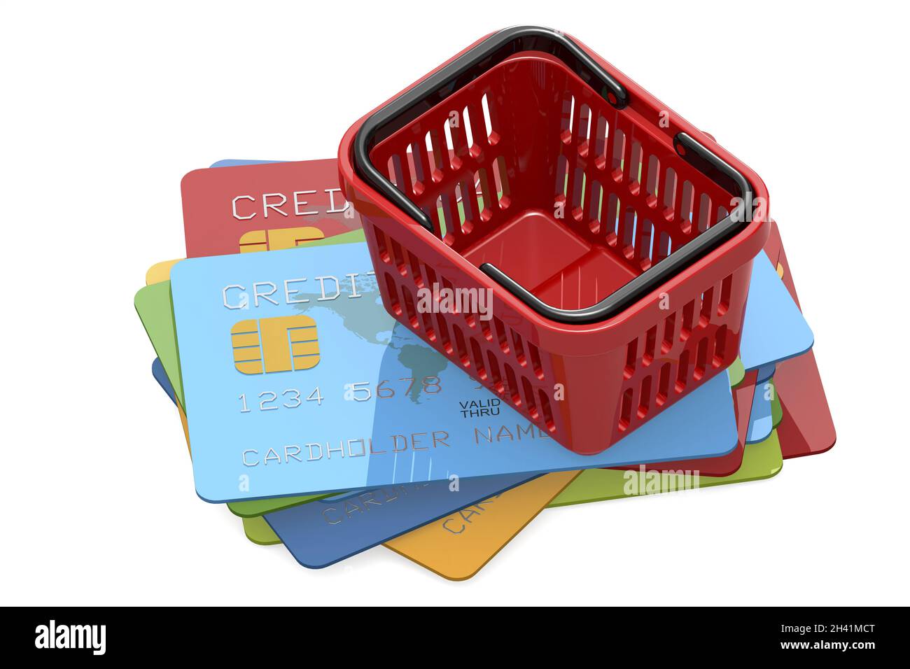 Multiple credit cards and red basket Stock Photo