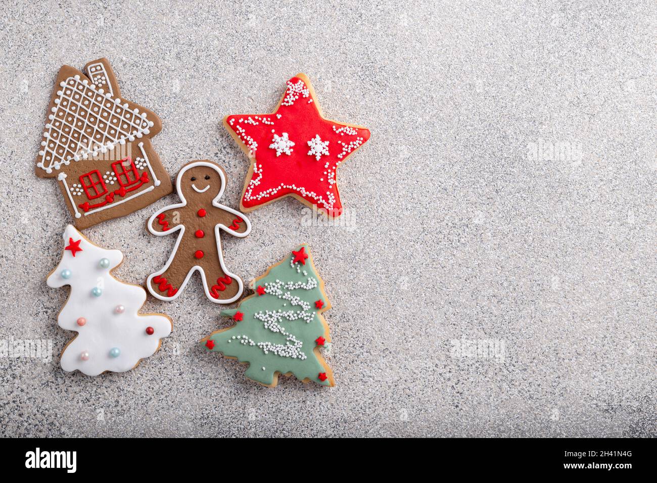 Gingerbread cookies decorated with icing sugar Stock Photo