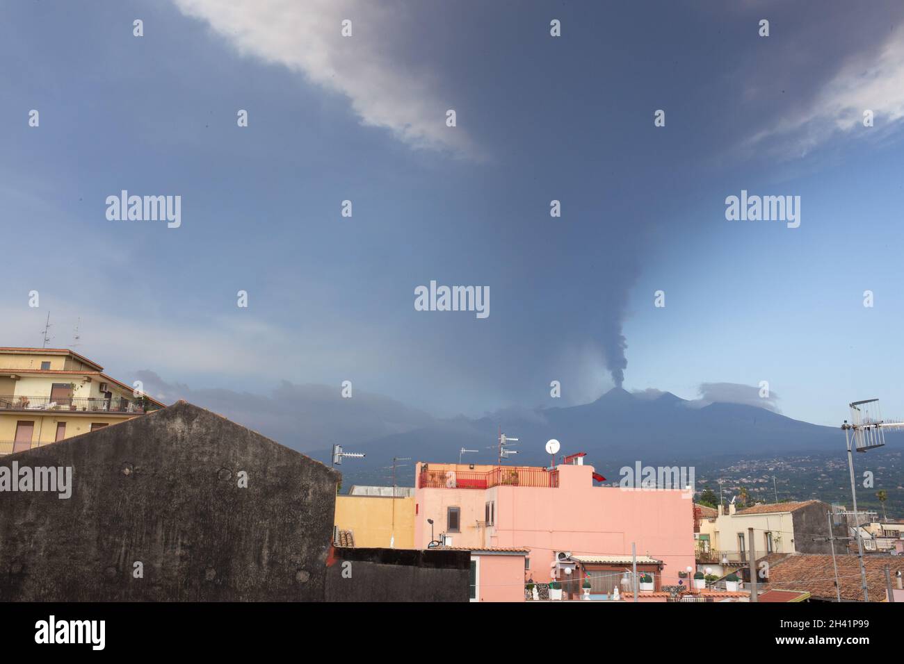 Riposto, Sicily, Italy 20 July 2021 Etna eruption, volcanic smoke