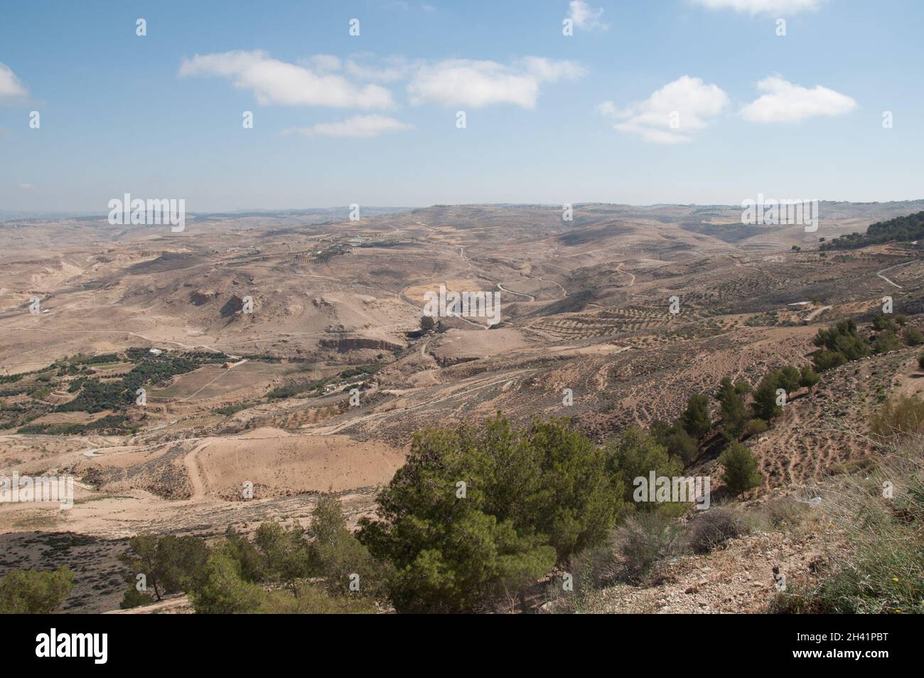View from Mount Nebo, Jordan, Middle East.  Little vegetation, dry land.  Moses is believed to have seen the promised land from here and died on the m Stock Photo