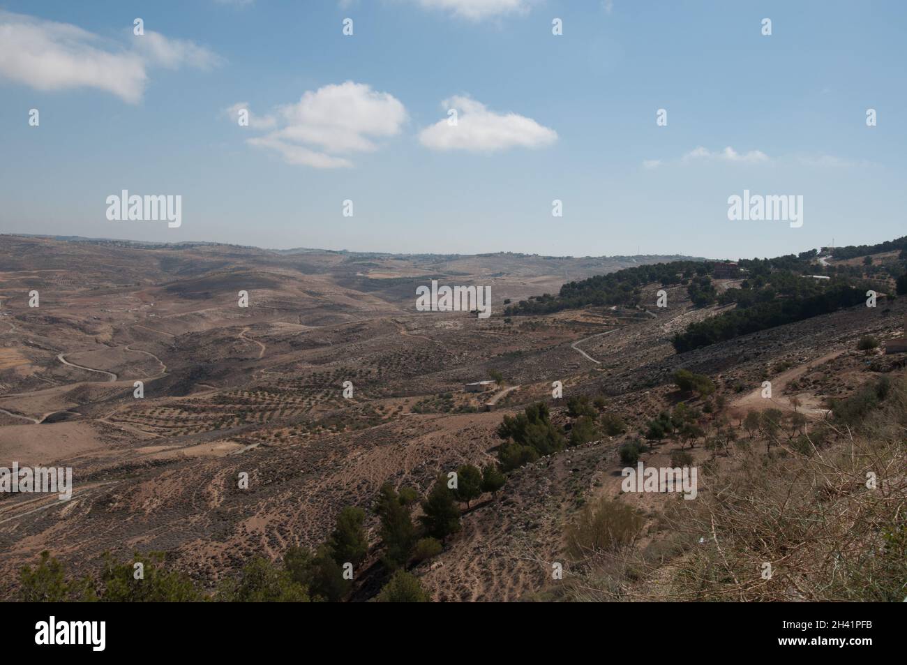 View from Mount Nebo, Jordan, Middle East.  Little vegetation, dry land.  Moses is believed to have seen the promised land from here and died on the m Stock Photo