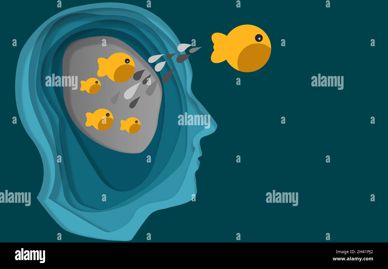 Fish jump out from human head Stock Photo - Alamy