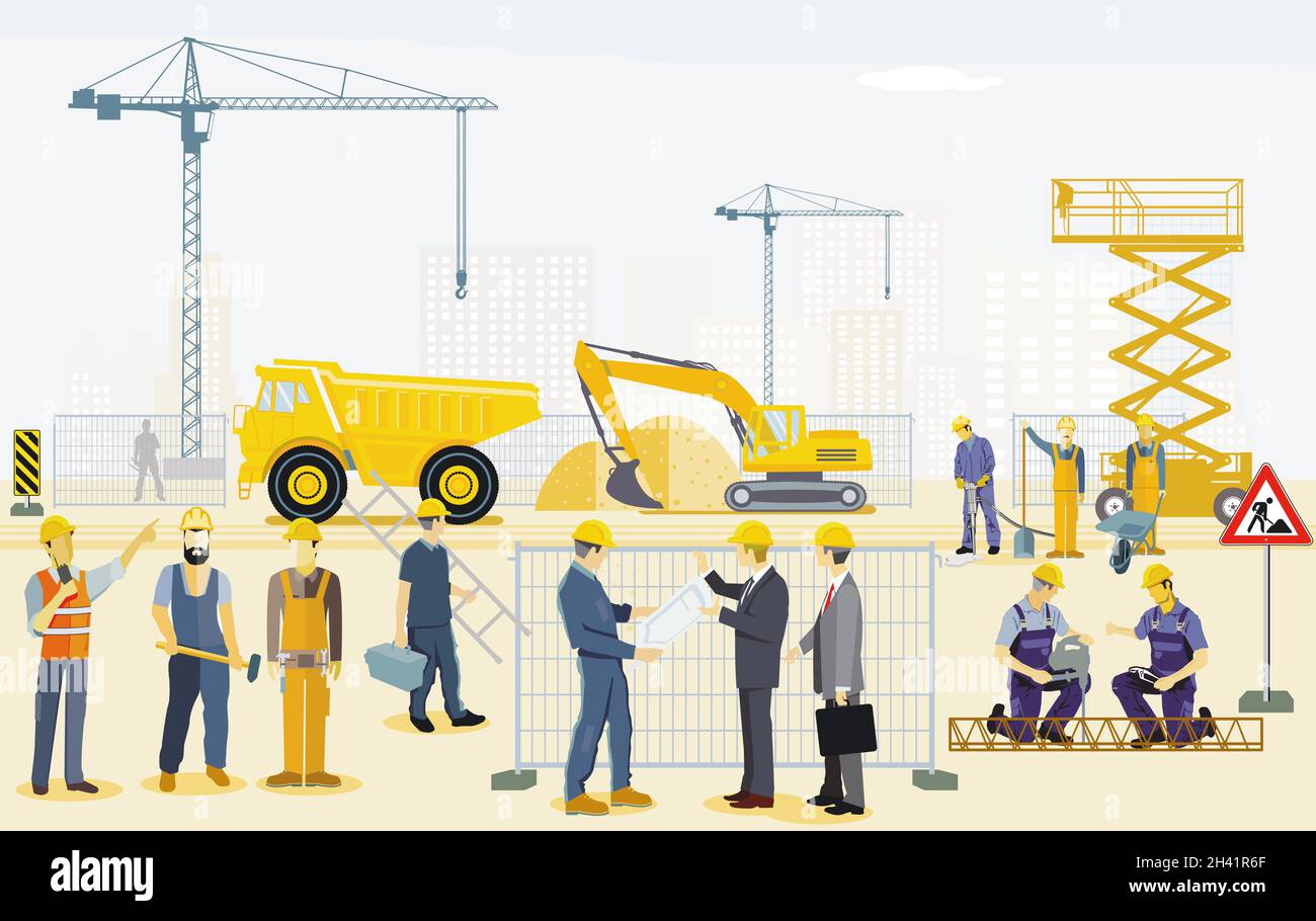 Construction site with excavator, handyman and architect illustration Stock Photo