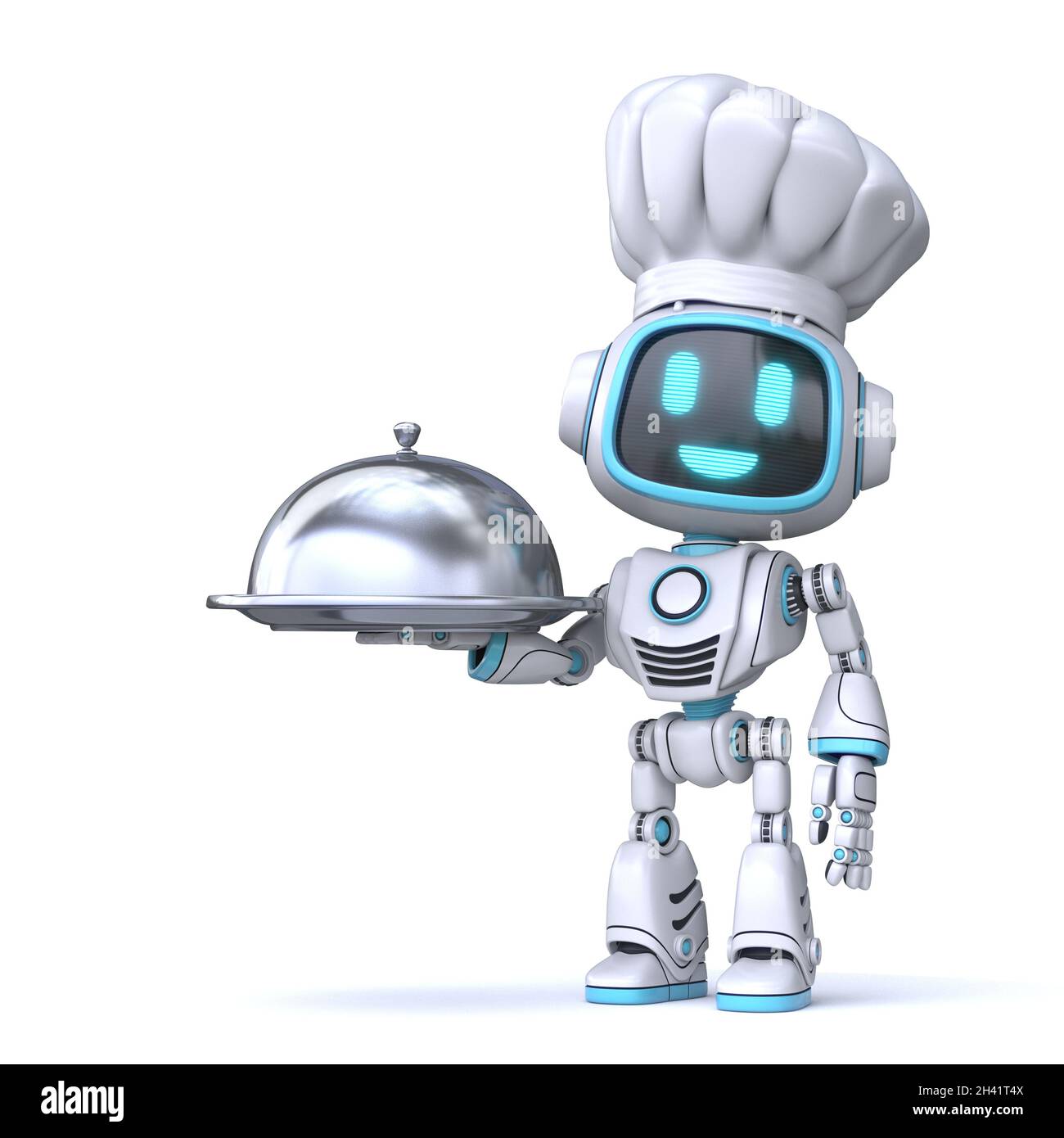 Cute blue robot holding serving cloche 3D Stock Photo