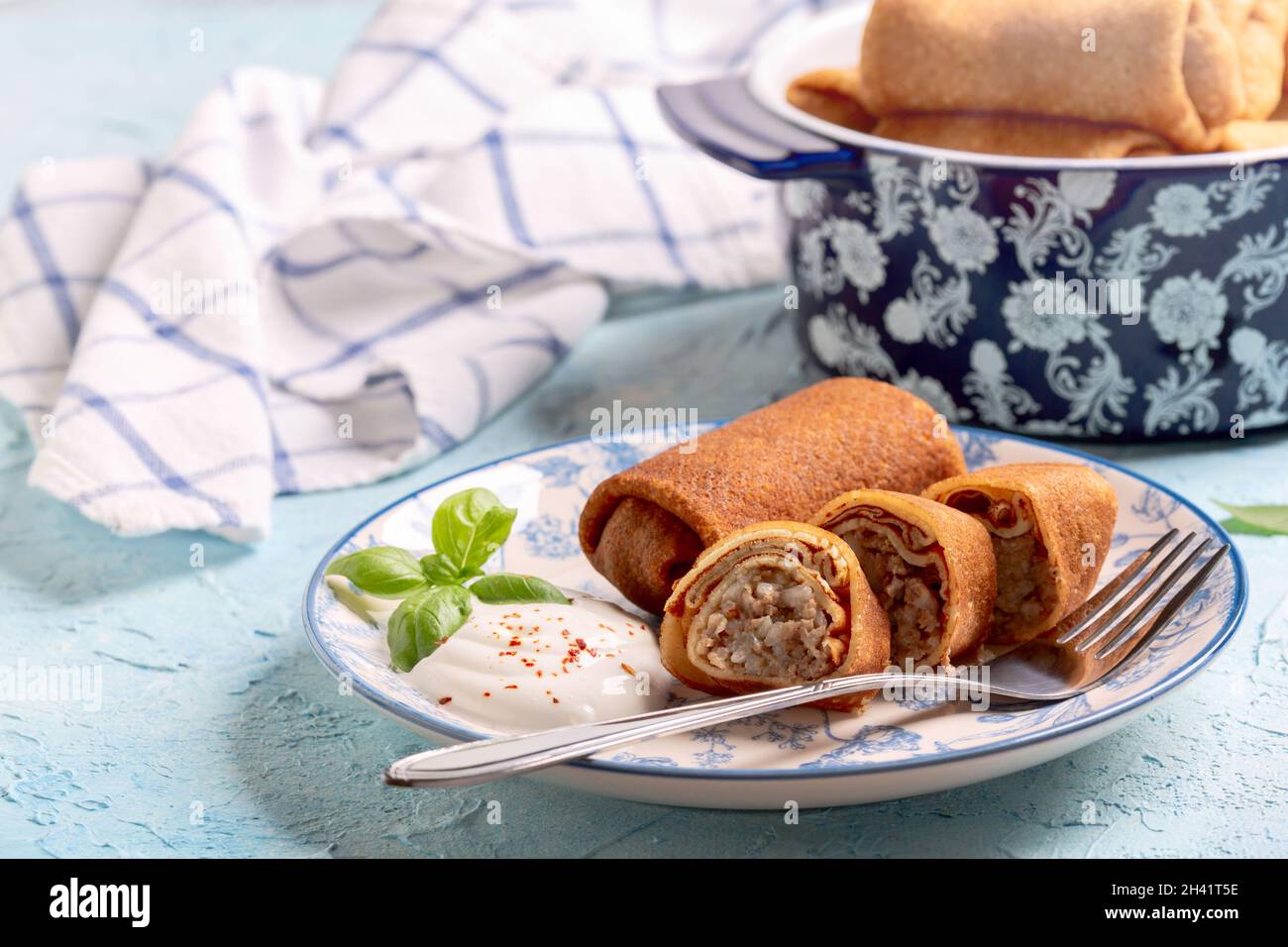 Homemade pancakes with minced meat. Stock Photo