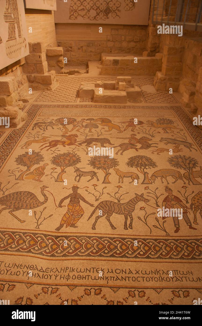Floor Mosaics, Moses Memorial Church , Mount Nebo, Jordan, Middle East Stock Photo