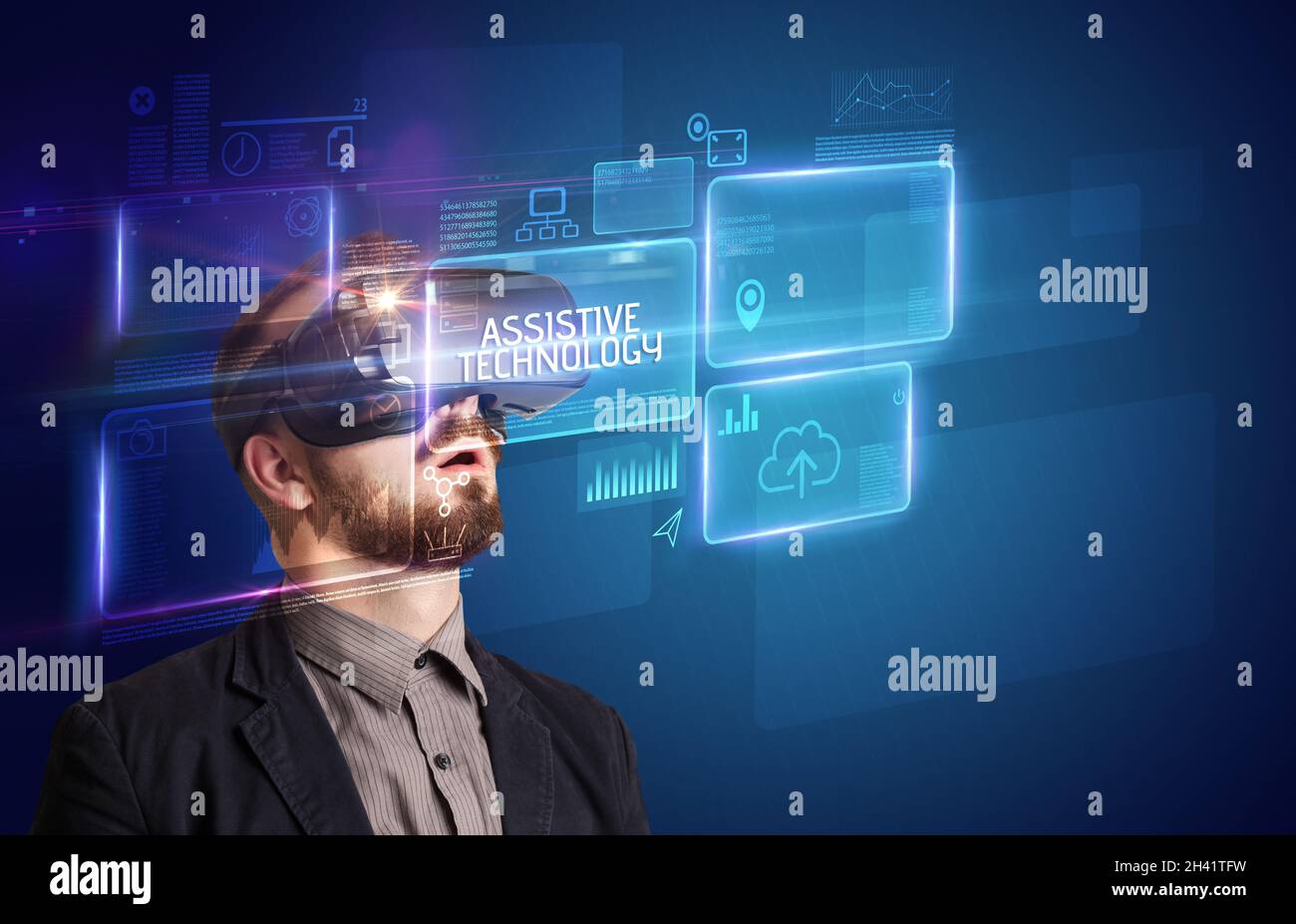 Businessman looking through Virtual Reality glasses, tech concept Stock Photo