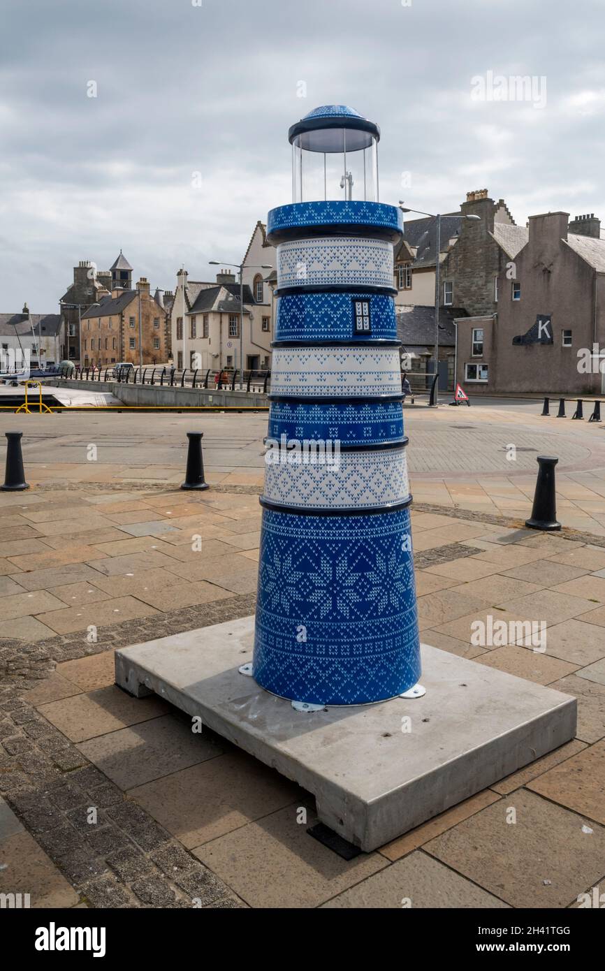 Litch Stitch by Leah Pendleton on the Victoria Pier, Lerwick, is part of the Light the North lighthouse art trail. Stock Photo