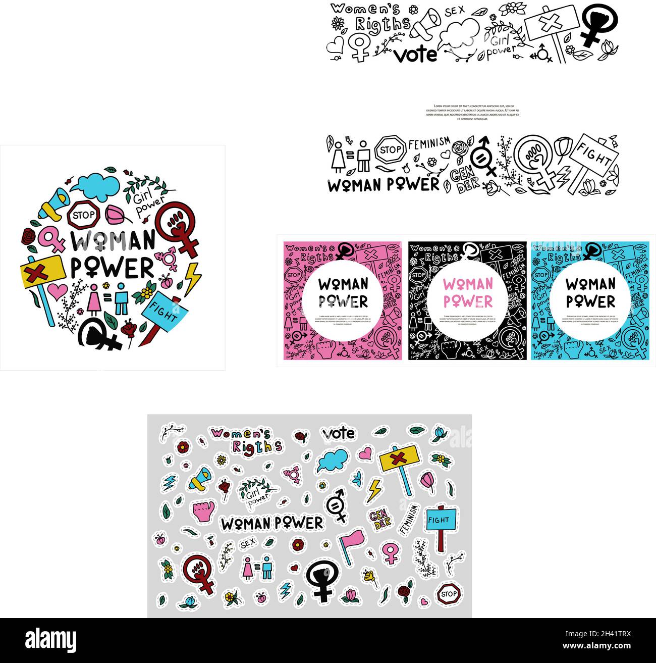 A set of doodle signs of feminism, women s rights. Grunge hand drawn ...