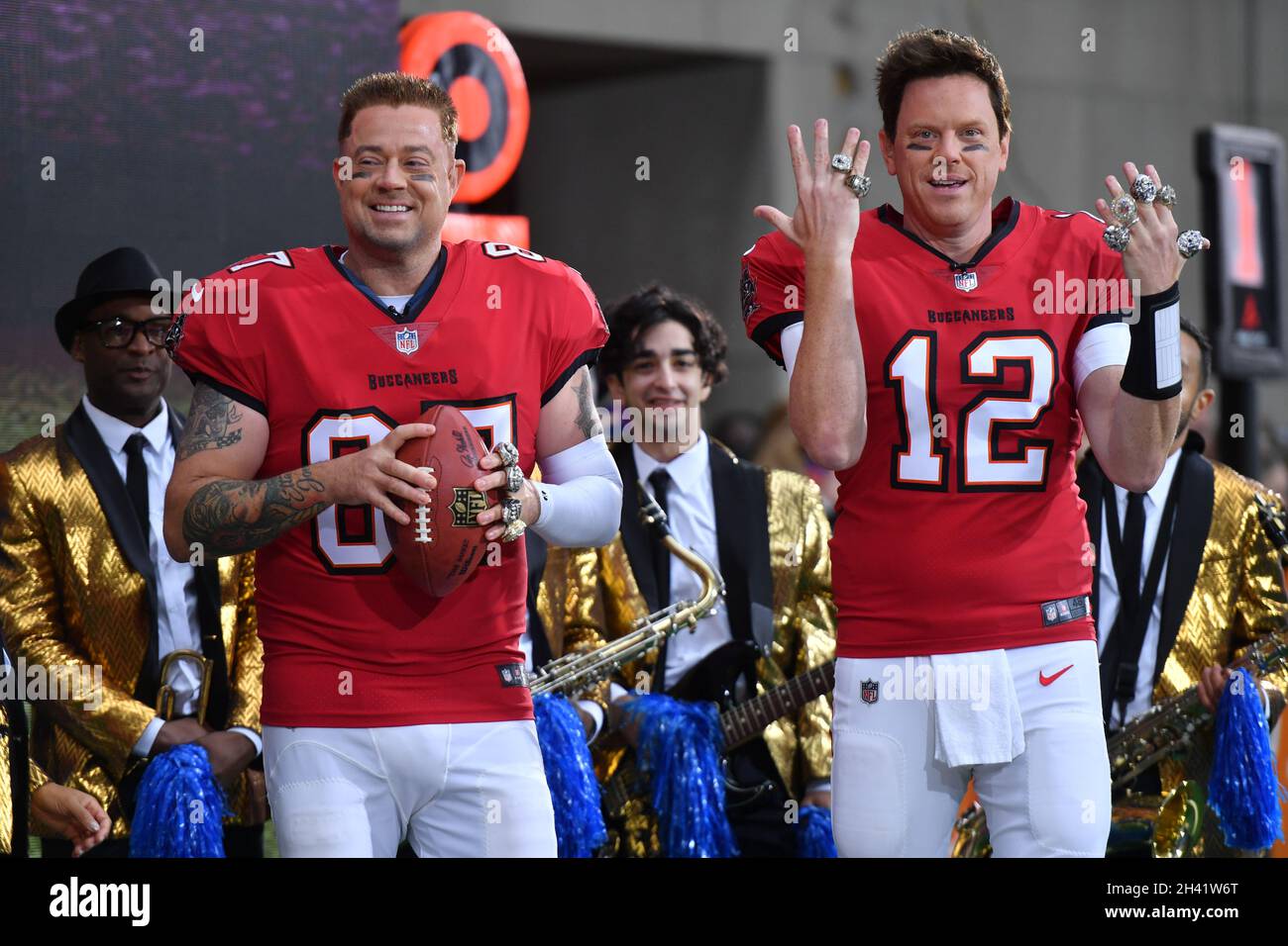 Carson Daly dressed as Rob Gronkowski, Willie Geist dressed as Tom Brady attend the Halloween show on 'Today' at Rockefeller Plaza on October 29, 2021 Stock Photo
