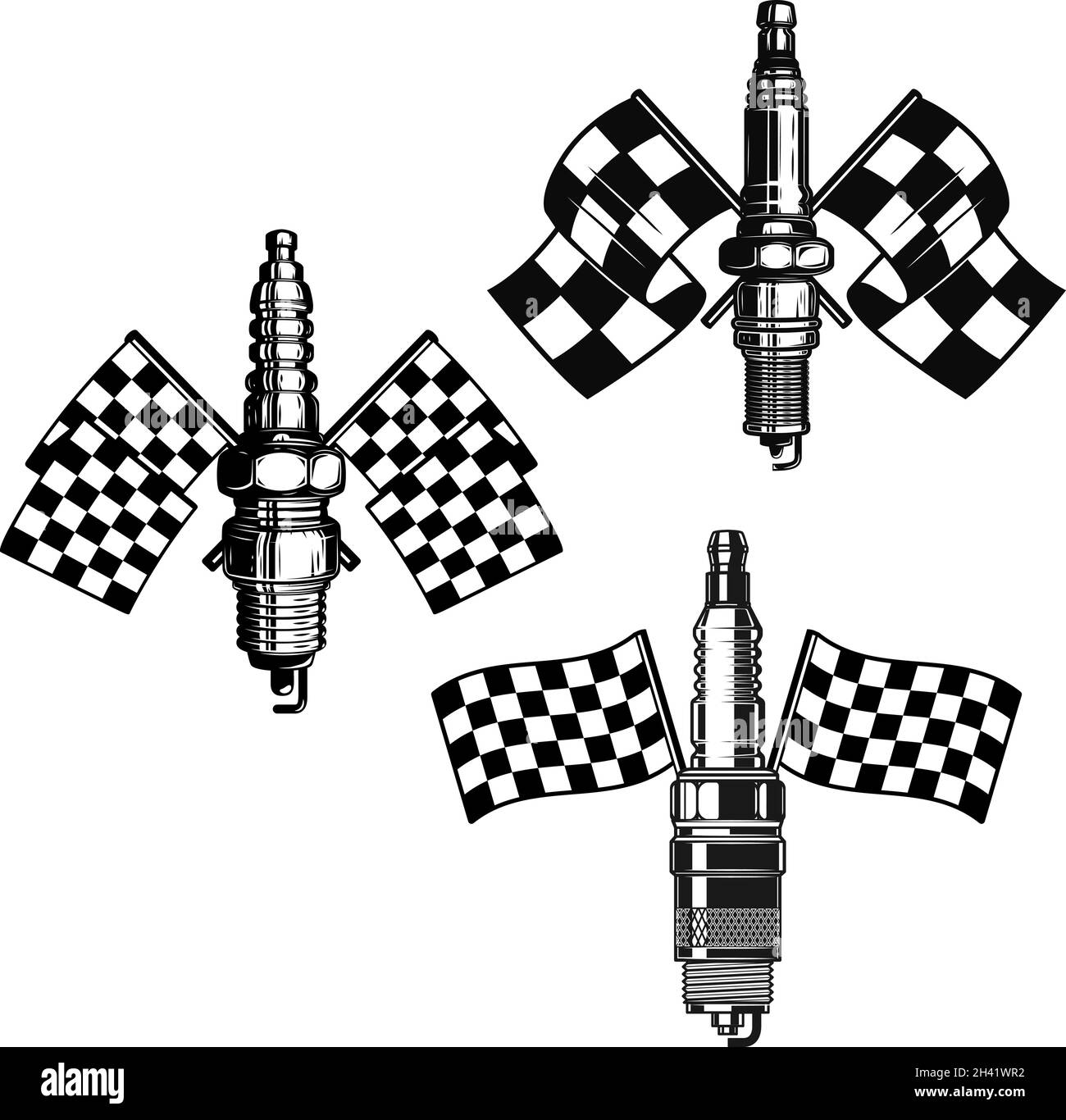 Set of spark plug with racing flag. Design element for logo, label