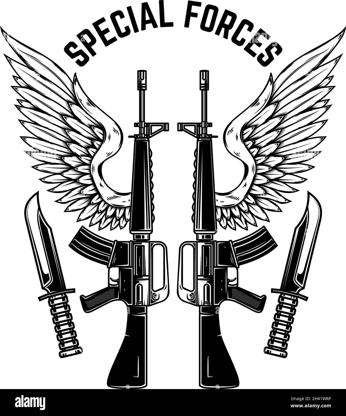 Special forces. m16 assault rifles with wings. Design element for logo, label, sign, emblem. Vector illustration Stock Vector