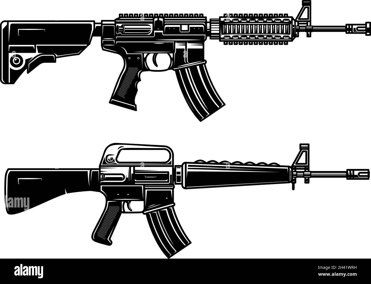 Set of Illustration of american automatic assault rifle. Design element for logo, label, sign, emblem, poster. Vector illustration Stock Vector