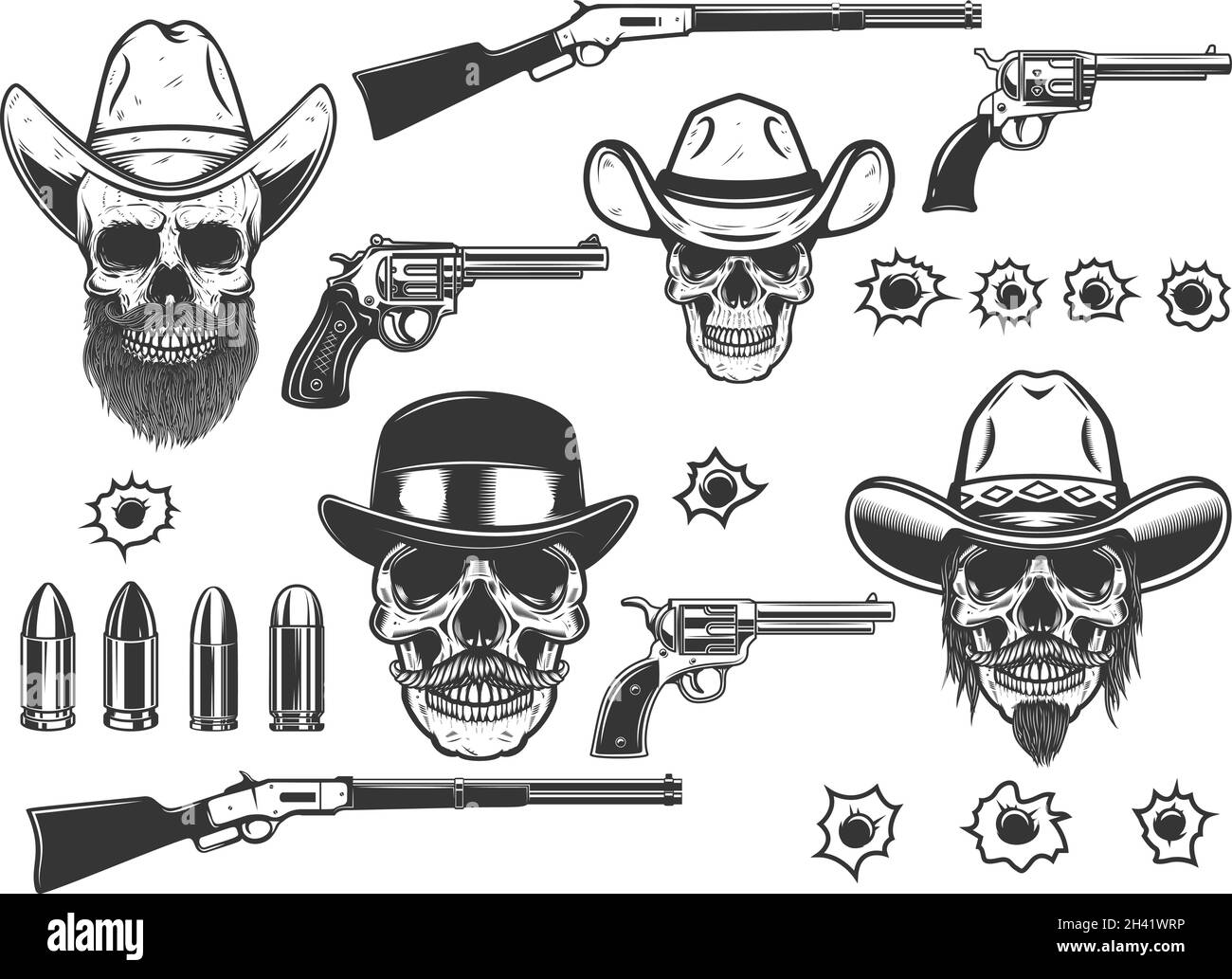 Set of Illustration of cowboy skulls and weapon in monochrome style. Design element for logo, label, sign, emblem, poster. Vector illustration Stock Vector