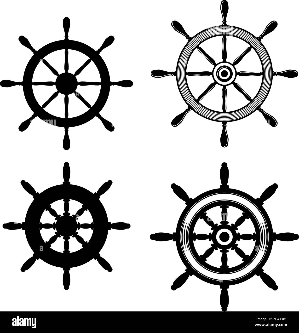 Set of Illustration of ship steering wheel in monochrome style. Design element for logo, label