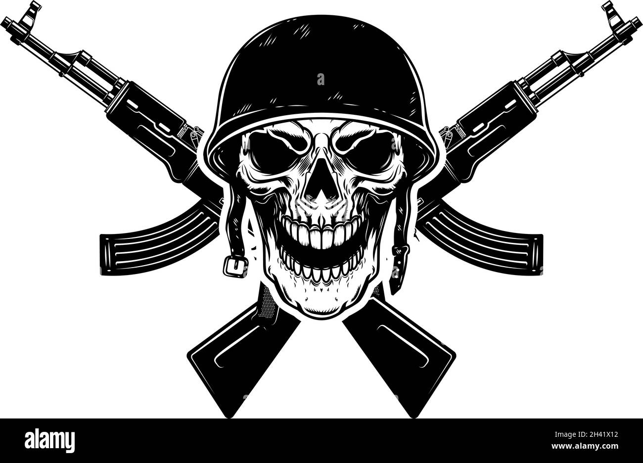 Illustration of soldier skull in military helmet and crossed russian assault rifles. Design element for logo, label, sign, emblem. Vector illustration Stock Vector