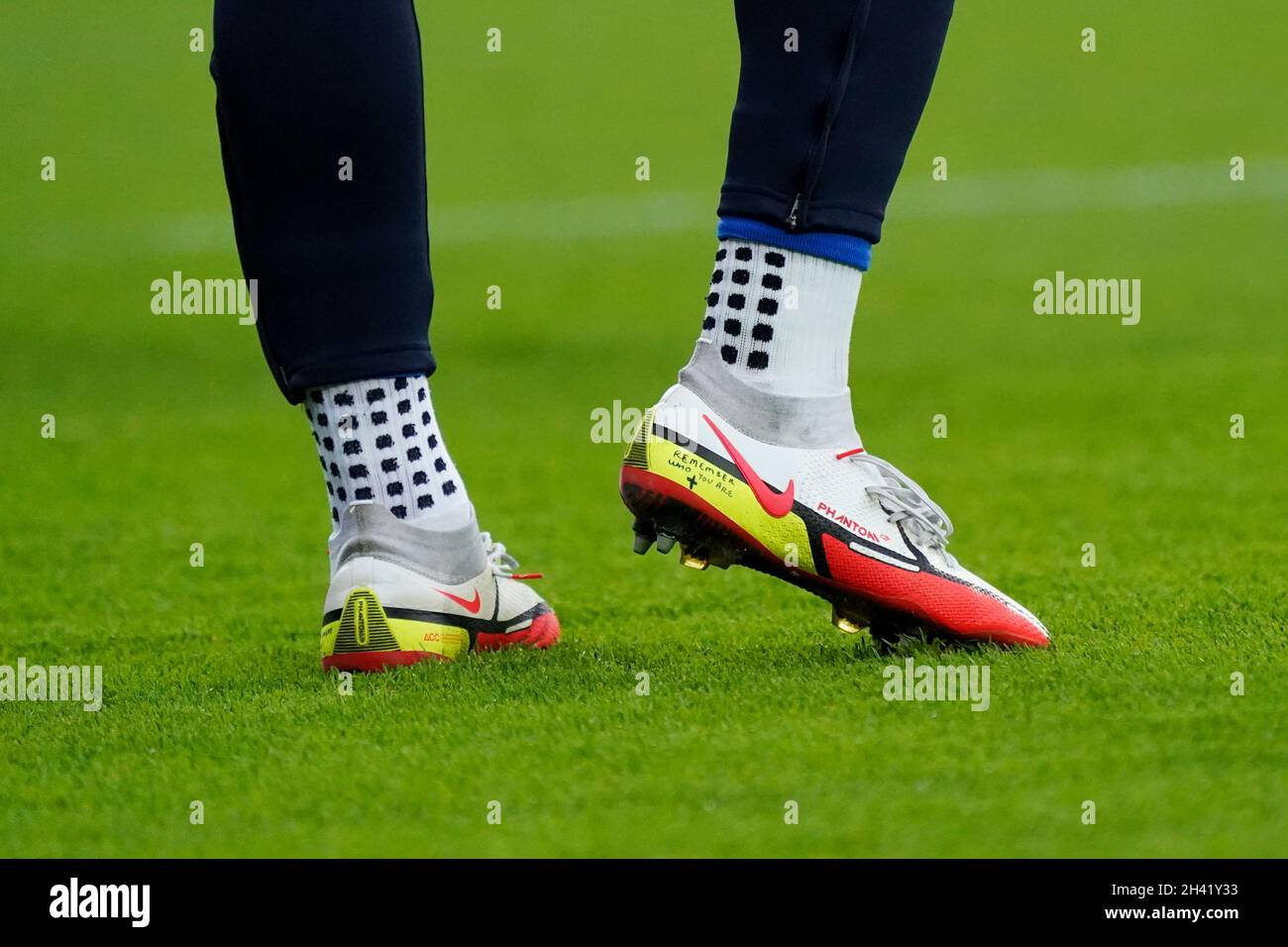 WAREGEM, BELGIUM - OCTOBER 31: KRC Genk player wearing Nike shoes during  the Jupiler Pro League match between Zulte Waregem and KRC Genk at Elindus  Arena on October 31, 2021 in Waregem,